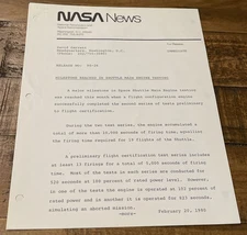 NASA News Release Milestone Reached In Shuttle Main Engine Testing Feb. 20, 1980