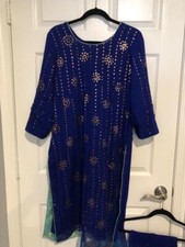 pakistani 3 piece suit. Blue Semi Formal Outfit With Chunri Dupatta And Mukesh.