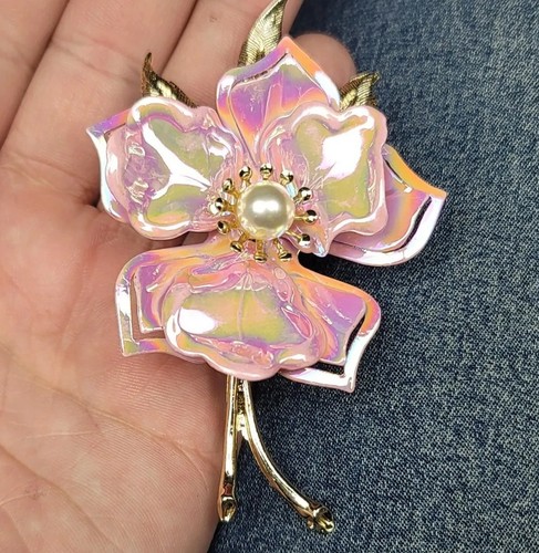 Vintage Coro Enamel Flower Brooch Pin And Matching Clip On Earings w/ Pearlf - Picture 8 of 24