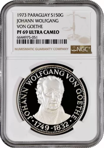 Paraguay 150 guaranies 1973, NGC PF69 UC, "Johann Wolfgang von Goethe" TopPop2/0