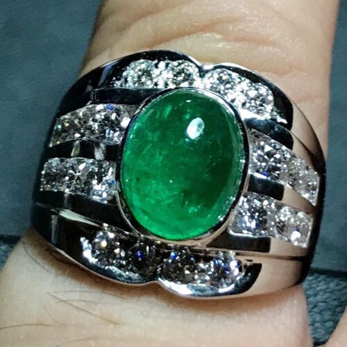 MENS 3.46TCW Natural Emerald Diamond 18K Solid White gold ring Cabochon