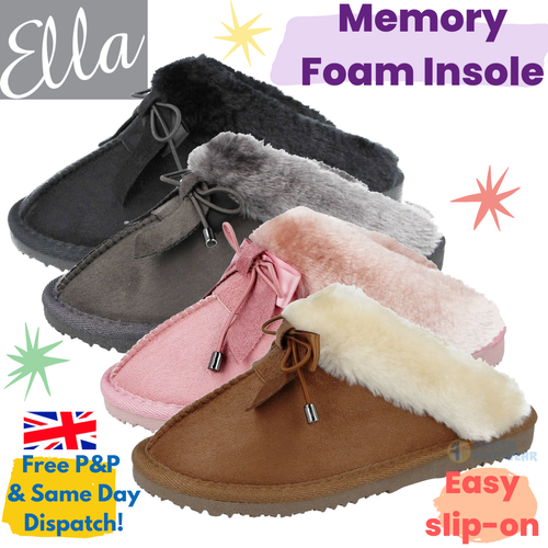 Ladies Ella Memory Foam Faux Suede Fluffy Fur Trim Lined Slip On Mule  Slippers | eBay