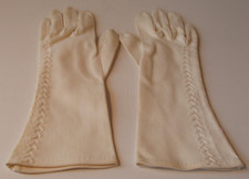 Vintage White Medium Length Cotton Gloves with Embroidery, Small Size