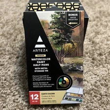 ARTEZA Watercolor Paint Set Half Pans W/ Met Storage Tin - 12 Pcs. Earth Colors