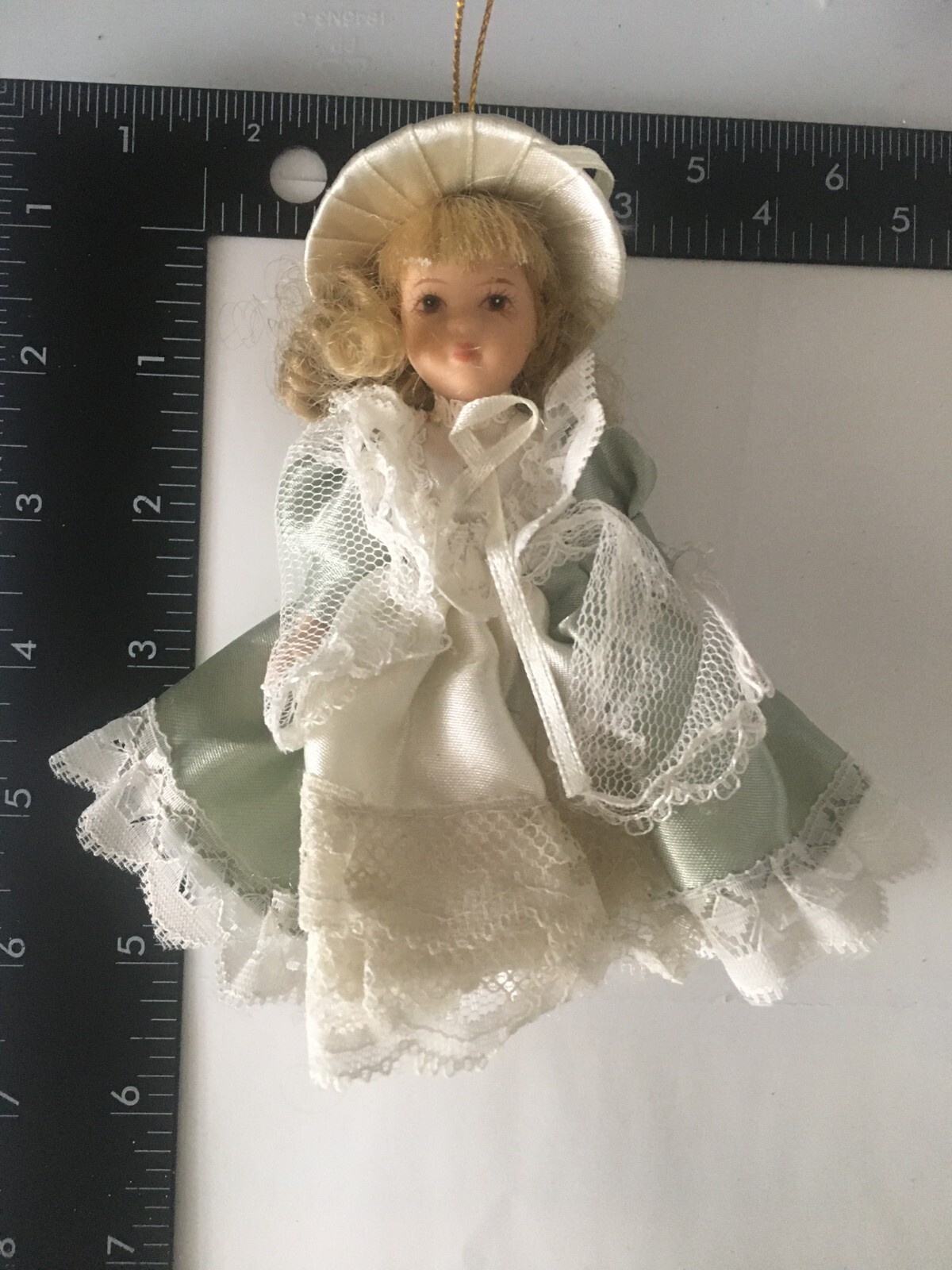 Vintage Victorian Porcelain Doll Head Christmas Ornament Green Satin