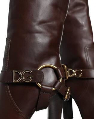 DOLCE & GABBANA Shoes Brown Leather Gold Tone Logo High