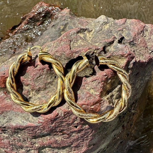LARGE HOOP CREOLE EARRINGS 18K YELLOW GOLD FILLED WOMENS 50MM HOOPS - Picture 4 of 8
