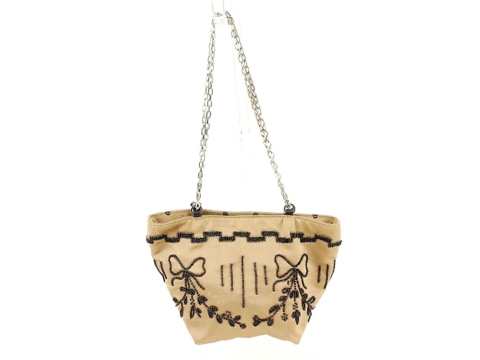 Valentino Garavani Ladies Satin Beads Party Bag Pouch Brown Black Used - Image 2 of 4