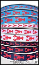 3yds Red Lobsters on Navy White or Blue 3/8" or 5/8" or 7/8" Grosgrain Ribbon