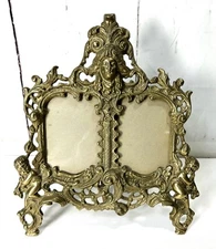 BEAUTIFUL VINTAGE BRASS VICTORIAN CHERUB ART NOUVEAU DOUBLE PICTURE PHOTO FRAME