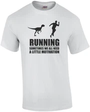 Running - Sometimes we all need a little motivation - man running velocirapto...