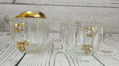 Vintage JEANNETTE Clear Glass Gold Trim Ribbed Creamer Sugar Bowl Set 🔥 - Picture 5 of 11