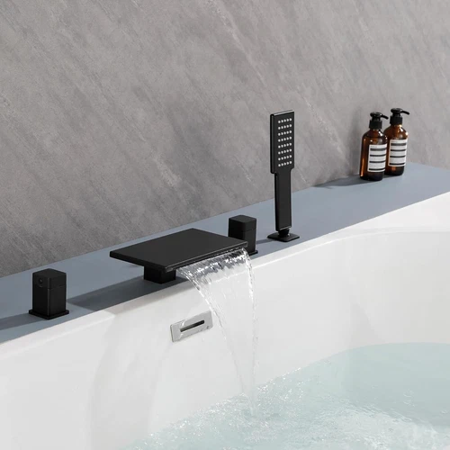 VANFOXLE Waterfall Bathtub Faucet Set with Hand Shower 9" Matte Black Deck 2787