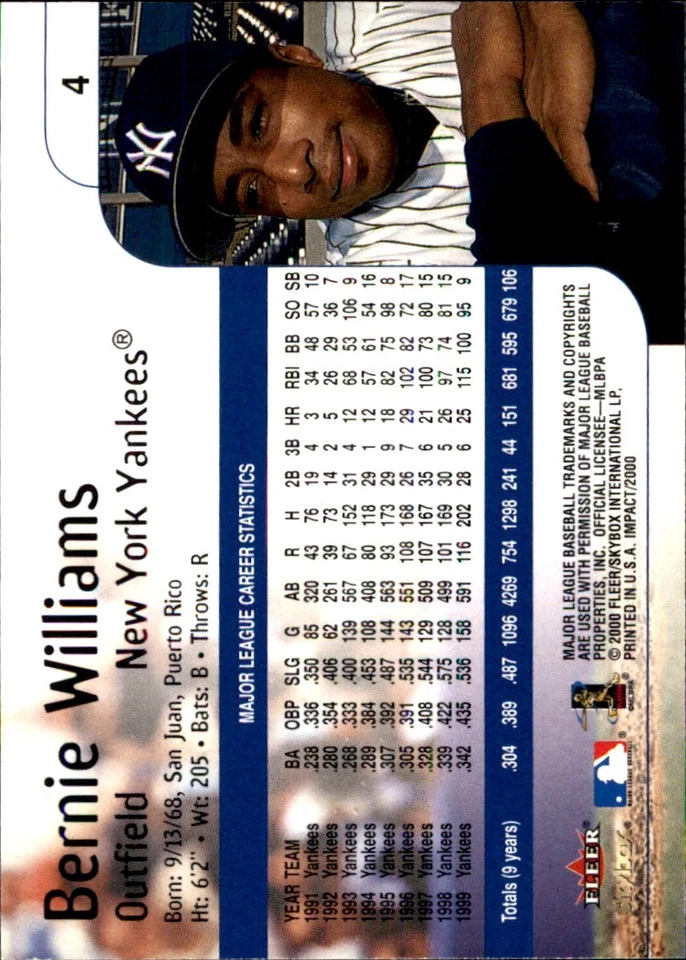 Bernie Williams 2000 Fleer Impact #4 New York Yankees FREE SHIPPING AutographDen - Image 2 of 2