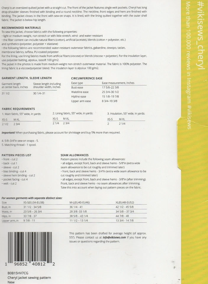 VIKISEWS Sewing Pattern for the Cheryl Jacket Quilted Bound Edge Size 6 - 24 New - Image 3 of 4