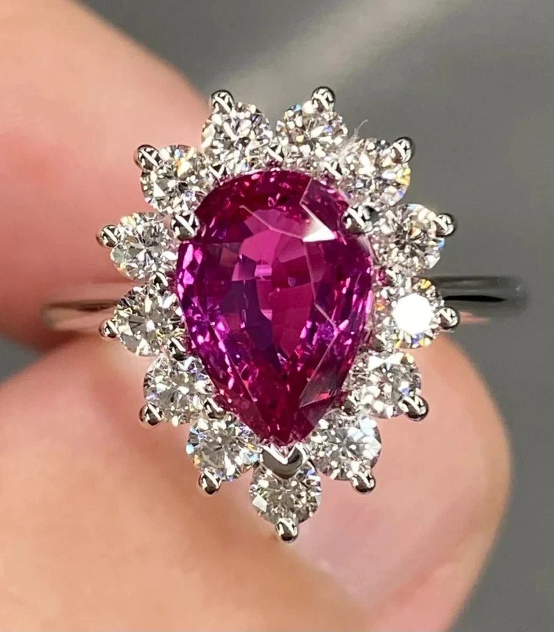 3.75 Ct Pear Cut Pink Sapphire Diamond Engagement Ring 14K Solid White Gold