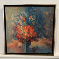 Vtg Flowers In Vase Abstract Art Print David Porinchak MCM Framed Wall Art 13”