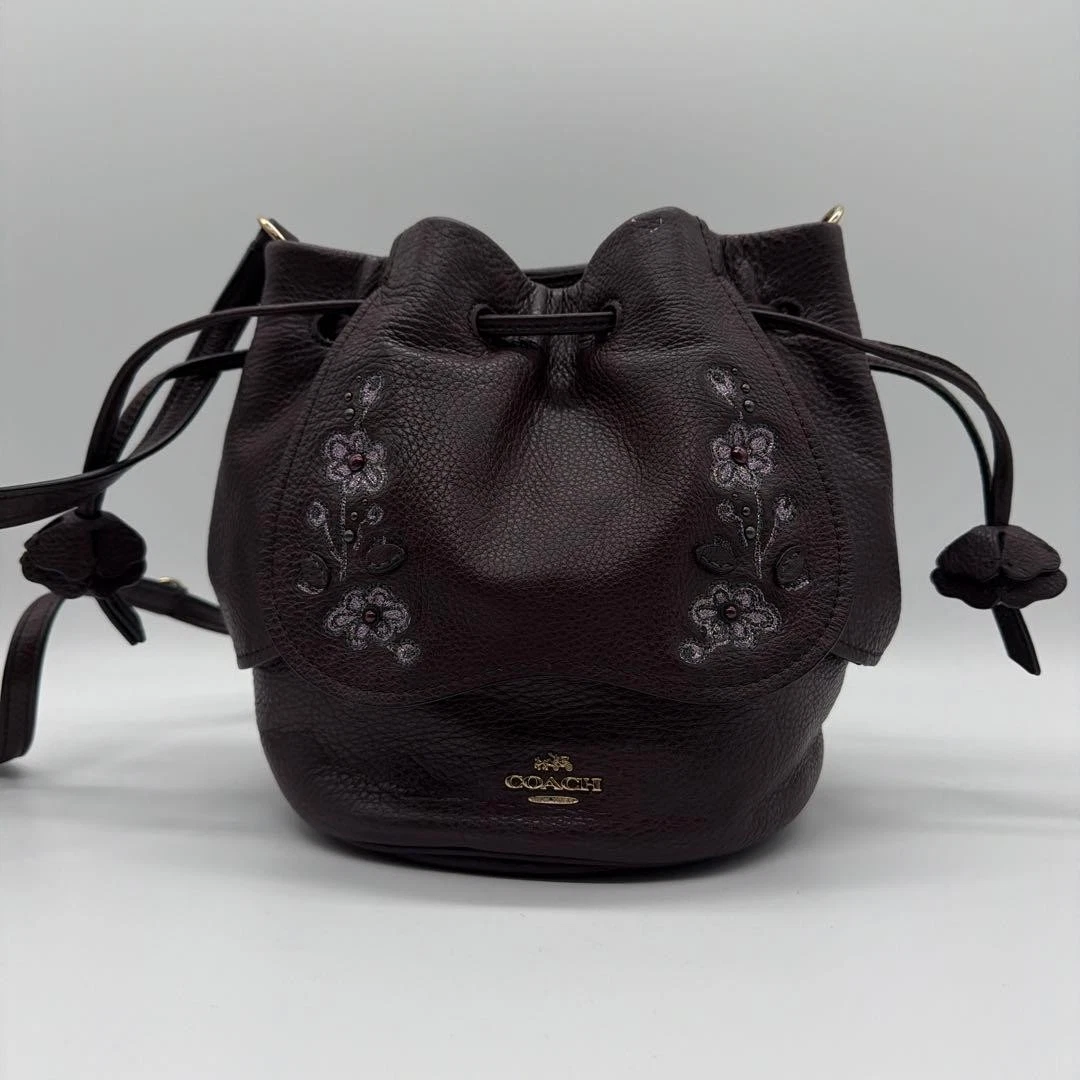 COACH Floral Embroidered Pebbled Leather Drawstring Bucket Bag 