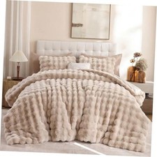 Queen Faux Fur Soft Comforter Set, Fluffy Linen Rabbit Fur Comforter