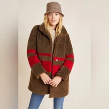 Velvet by Graham & Spencer Evian Striped Teddy Coat Brown Red Sherpa in L