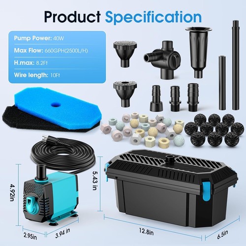 Efficient 660GPH Pond Filter Pump, Fountain Kit Combo - 第 8/11 張圖片