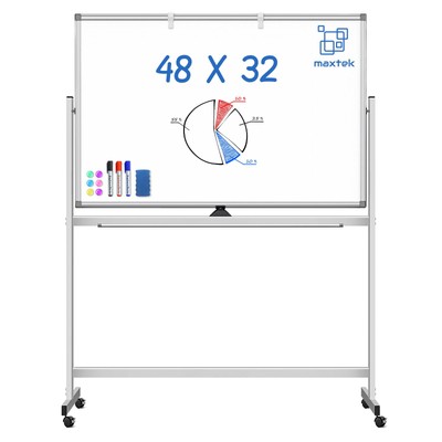 Large Rolling White Board, 48x32 in White Board on Wheels, Double-Sided Magne...