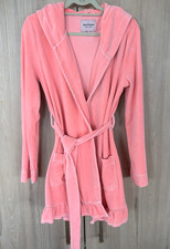 Juicy Couture Womens S Peach Velour Hooded Robe Ruffle Trim Belted Made USA
