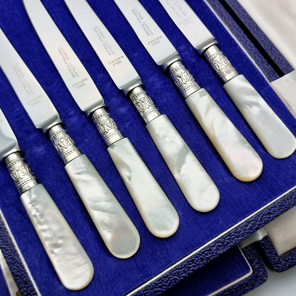 Mother Of Pearl Handle Cased Dessert Knives & Forks Cooper Ludlam Steel Vintage - Image 4 of 4