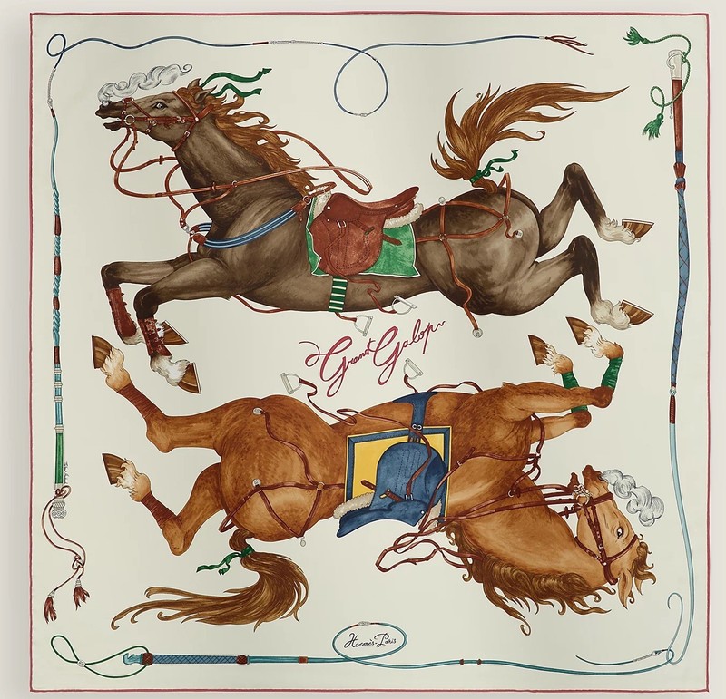 HERMES NEW 🎁GIFTABLE SCARF 90 Grand Galop scarf Crème Cuir Vert