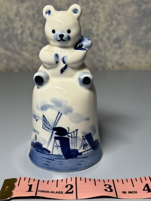 VTG DELFT Teddy Bear Windmill BELL Blue & White Bell 5'' Tall