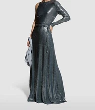 $546 Halston Heritage Women's Blue One Sleeve Sequin Emerson Gown Dress Size 12