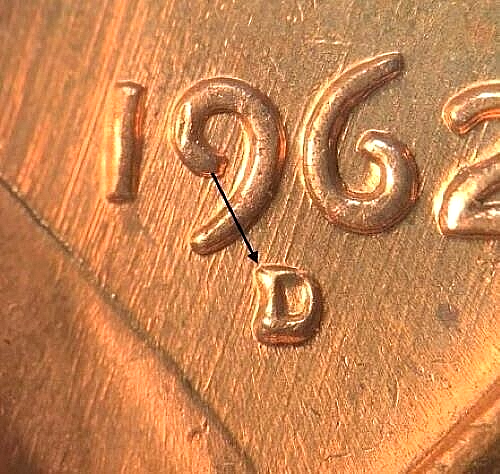 1962 D Lincoln Cent-"RPM-1MM-023 Variety"-(Die Gouge & Die Dent Error)-AU/Red! - Picture 1 of 6