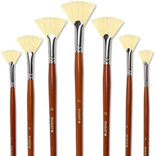 DUGATO Artist Fan Paint Brush Set of 7, White Hog Bristle  Assorted Sizes 