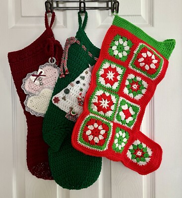 Vintage Hand Crochet Christmas Stockings Red Green Granny Square Your Choice