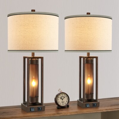 RORIANO Rustic Lamps (2-Pack) | USB C/A | Amber Night Light | 4 Bulbs | Brown