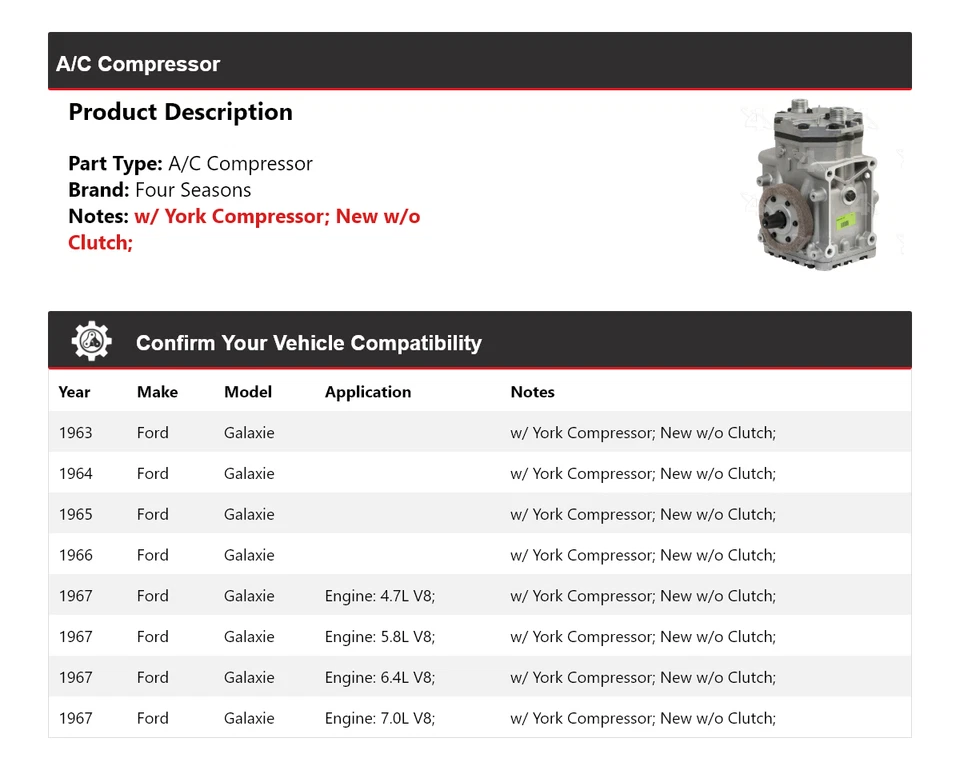 For 1963-1967 Ford Galaxie A/C Compressor 4 Seasons 1964 1965 1966 - Image 2 of 4