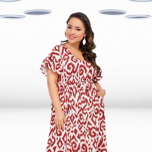 Ex Women's Plus Size Ikat Print Maxi Dress in Rust Orange - Picture 5 of 6