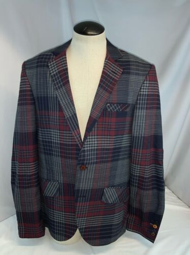 RNT23 Jeans Blazer Sporcoat 40R Large Blue Red Plaid 2B 2V Turkey New YGI J1-61 - Picture 3 of 12