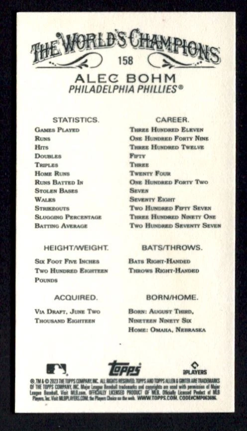 Alec Bohm 2023 Topps Allen & Ginter X Mini Black Card #158 Philadelphia Phillies - Image 2 of 2