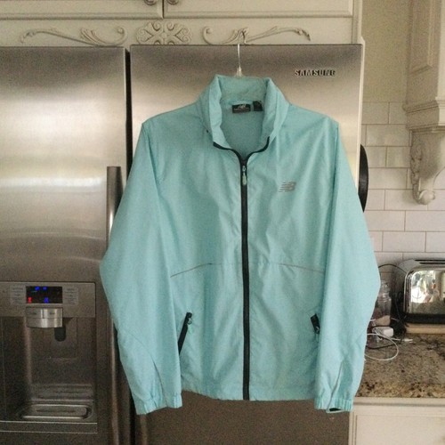 NEW BALANCE Womens Medium Windbreaker Rain Jacket Hood Zip Pockets Running Blue - Picture 3 of 7
