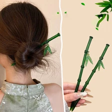 2Pcs Chinese Style Hair Stick Green Bamboo Simple Chopstick Hairpin for Women