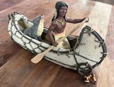 Native American Man and Wolf on 10" Canoe Figurine Suede Resin Removable Pieces