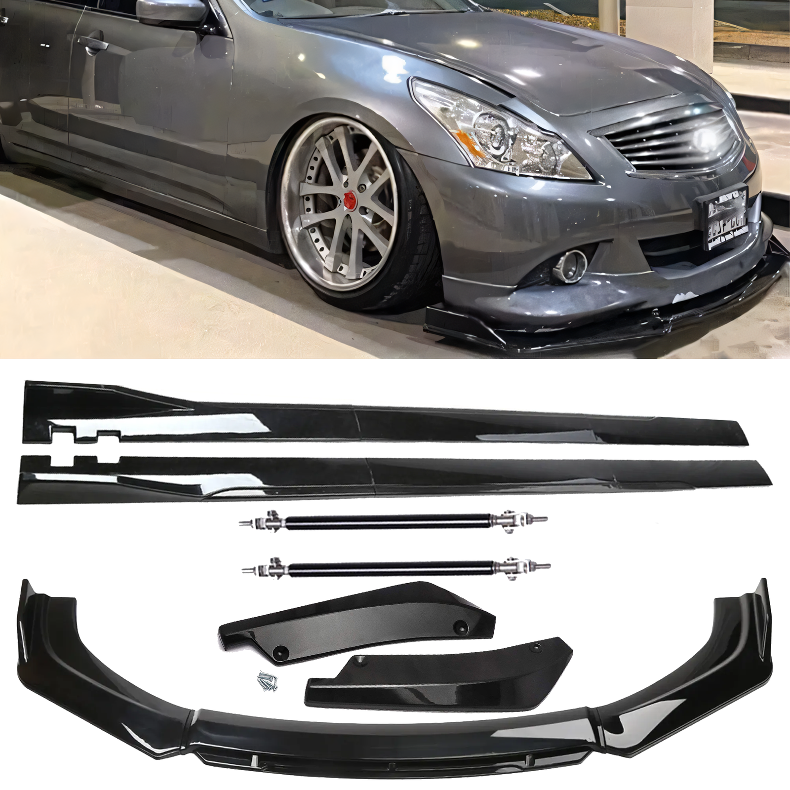 Front Bumper Lip Chin Spoiler Splitter Side Skirt Rear Rod For Infiniti G35
