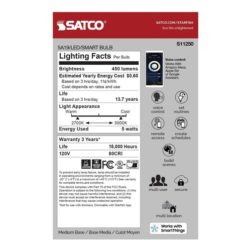 Satco S11250 - 5 Watt WIFI Smart LED Bulb - Tunable White Starfish IOT (4 Pack) - Picture 12 of 13