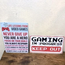 Video Gamer Tin Sign Lot of 2 11.5x8.5 & 12"x7" for Mancave/Teens Room/Bar Decor