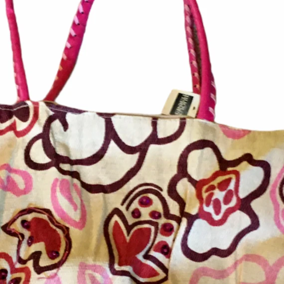 Bolso de Playa Vintage Bijoux Terner Grande Crema Rosa Caliente Lona Con Cuentas Forrado Foto 4 de 4