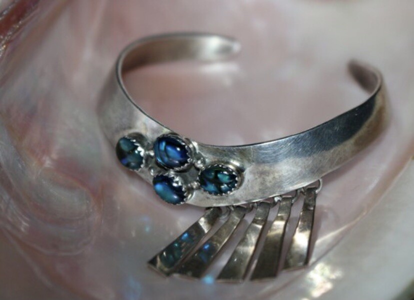 Vintage 925 Abalone Shell Silver Cuff Bracelet Ha… - image 1