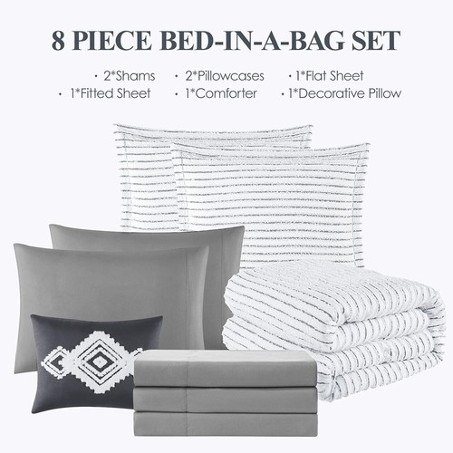 Wrensonge Boho 8-pc Jacquard Comforter Set Striped Tufted White Black Gray, Full - Picture 3 of 4