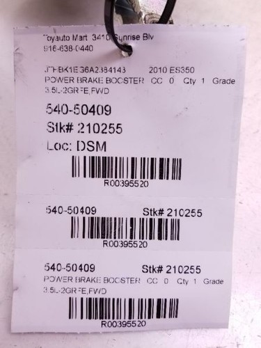 09-12 LEXUS ES350 3.5L FWD POWER BRAKE BOOSTER ASSEMBLY - Picture 8 of 12