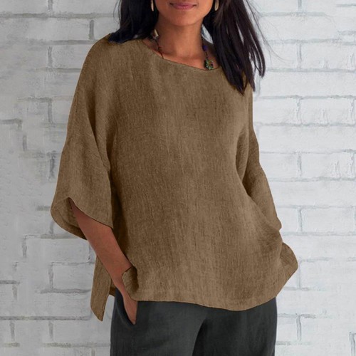 Linen Shirts for Women, Casual 3/4 Sleeve Solid Color Loose Crew Neck Tunic Tops - Picture 2 of 45